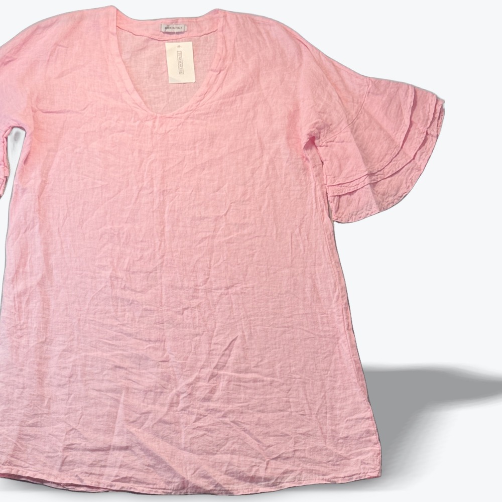 Tendencies Linen Swim Cover Pink Ruffle Sleeve Summer Mini Dress Made Italy OS‎